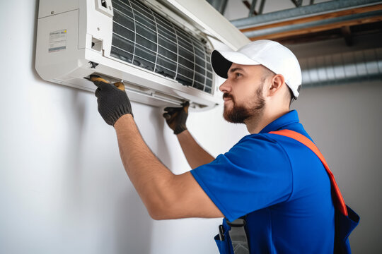 HVAC technician installing a mini split air conditioner in Lehi