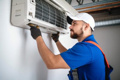 360_F_621046421_Vcay4nYa8ozdeodOQVDfES6MRrC6N3b8 Air conditioning technician servicing a wall-mounted AC unit in Lehi, UT