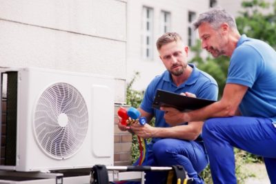 ac-installation-in-claremont-ca HVAC technicians reviewing an outdoor air conditioning unit in Lehi, UT
